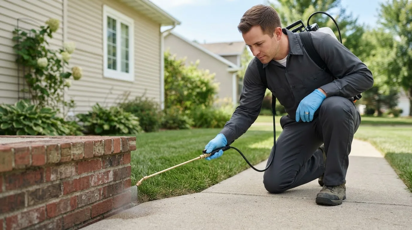 Pest control technician treating a home near Jamaica, IA