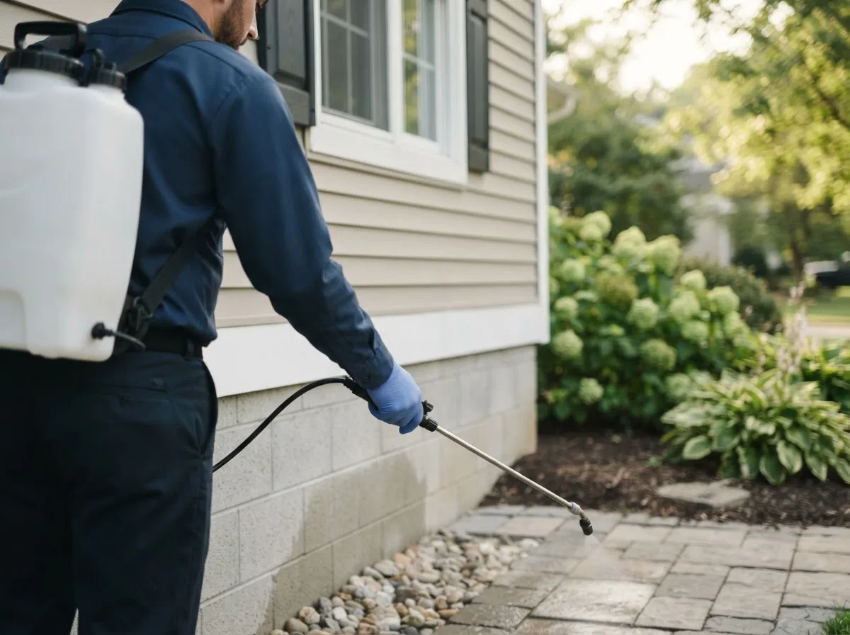 Pest control technician inspecting a home in Jamaica, IA